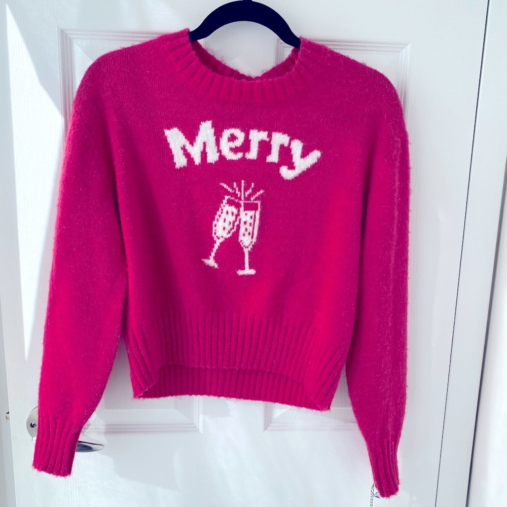 NWT Ruby Moon Pink Merry Champagne Cheers Fun Holiday Sweater Size S 🥂